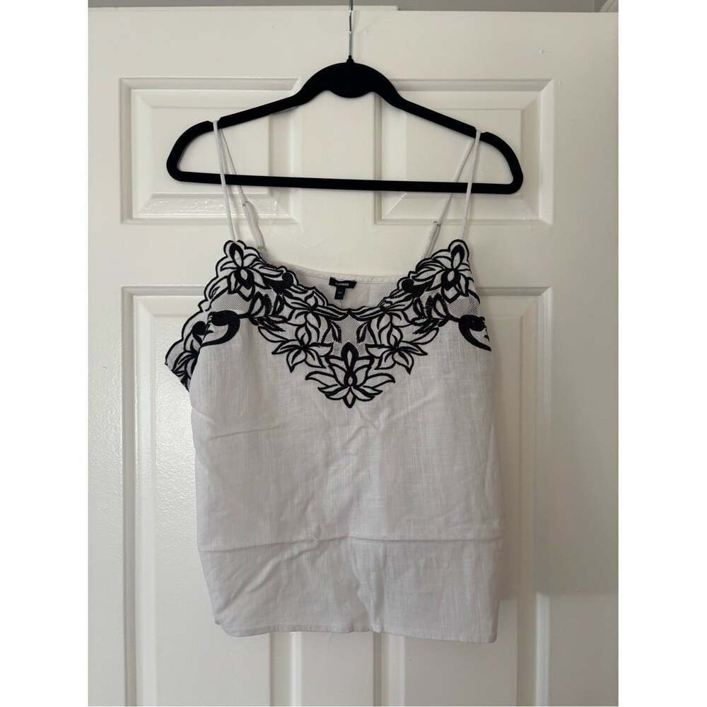 Express White Camisole with Black Floral Embroidery - Size L - Linen Blend